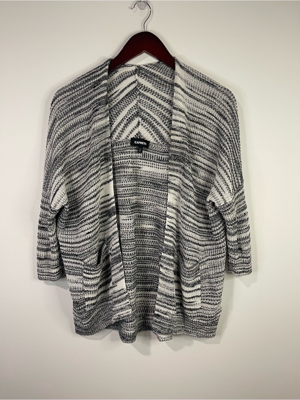 Express Gray and White Marled Open-Front Cardigan